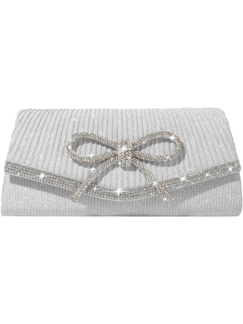 〽️ Women's Silver Sparkly Bow Rhinestone Clutch Purse Glitter Evening Bag